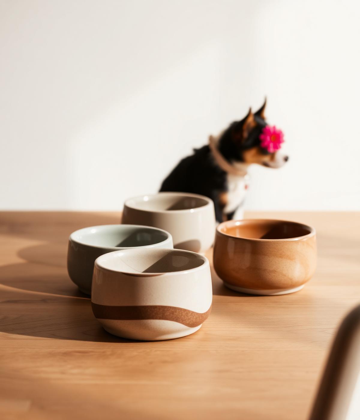 Ceramic pet bowls in warm neutral tones