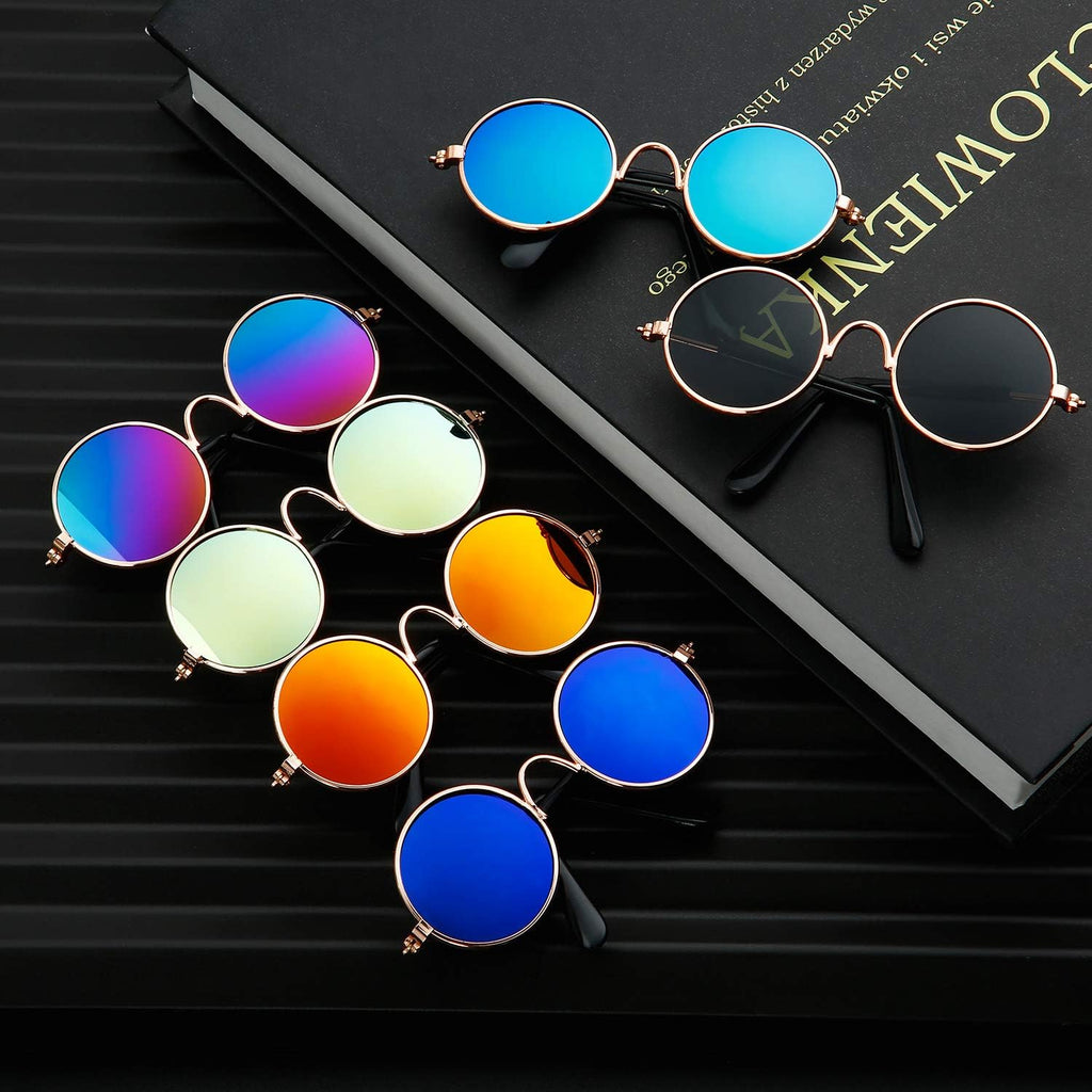 6 Pcs Cat Sunglasses Funny Pet Sunglasses Classic Retro Circular Pomeranian Eyewear Photos Props Accessories Cosplay Glasses for Cat Puppy Small Medium Dog(Black and Mix Reflective Color)
