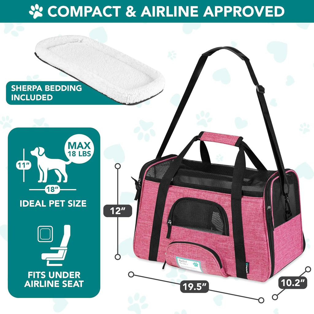 Airline Approved Pet Carrier for Cats & Small Dogs, Soft Sided TSA Travel Carrier Bag Sherpa Bed, Breathable Mesh Ventilation, Collapsible Bowl, Fit under Seat, up to 18 Lbs, Large Heather Pink