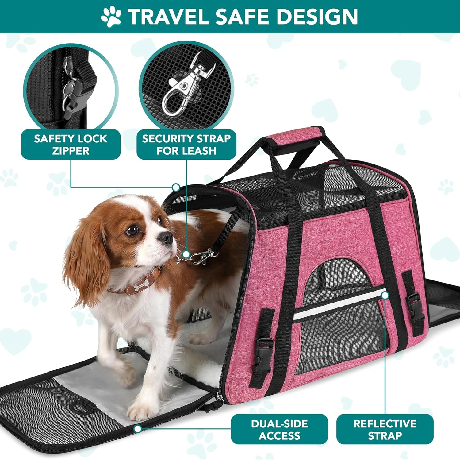 Airline Approved Pet Carrier for Cats & Small Dogs, Soft Sided TSA Travel Carrier Bag Sherpa Bed, Breathable Mesh Ventilation, Collapsible Bowl, Fit under Seat, up to 18 Lbs, Large Heather Pink