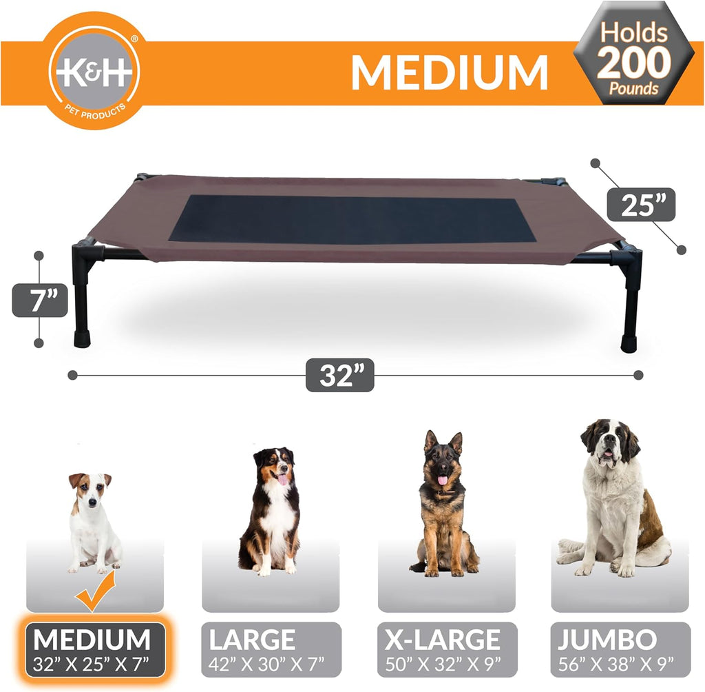 K&H Outdoor Elevated Dog Bed - Cooling Raised Dog Bed for Small & Medium Pets, Breathable Mesh Center Hammock Design, Indoor/Outdoor Washable Cover, Portable Metal Frame, Chocolate, Medium 32X25In