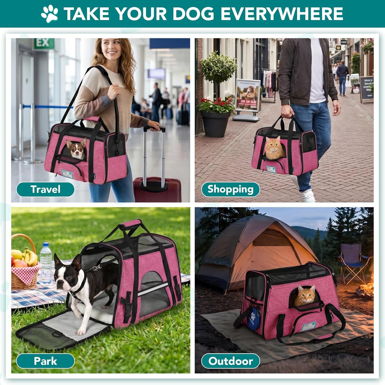 Airline Approved Pet Carrier for Cats & Small Dogs, Soft Sided TSA Travel Carrier Bag Sherpa Bed, Breathable Mesh Ventilation, Collapsible Bowl, Fit under Seat, up to 18 Lbs, Large Heather Pink