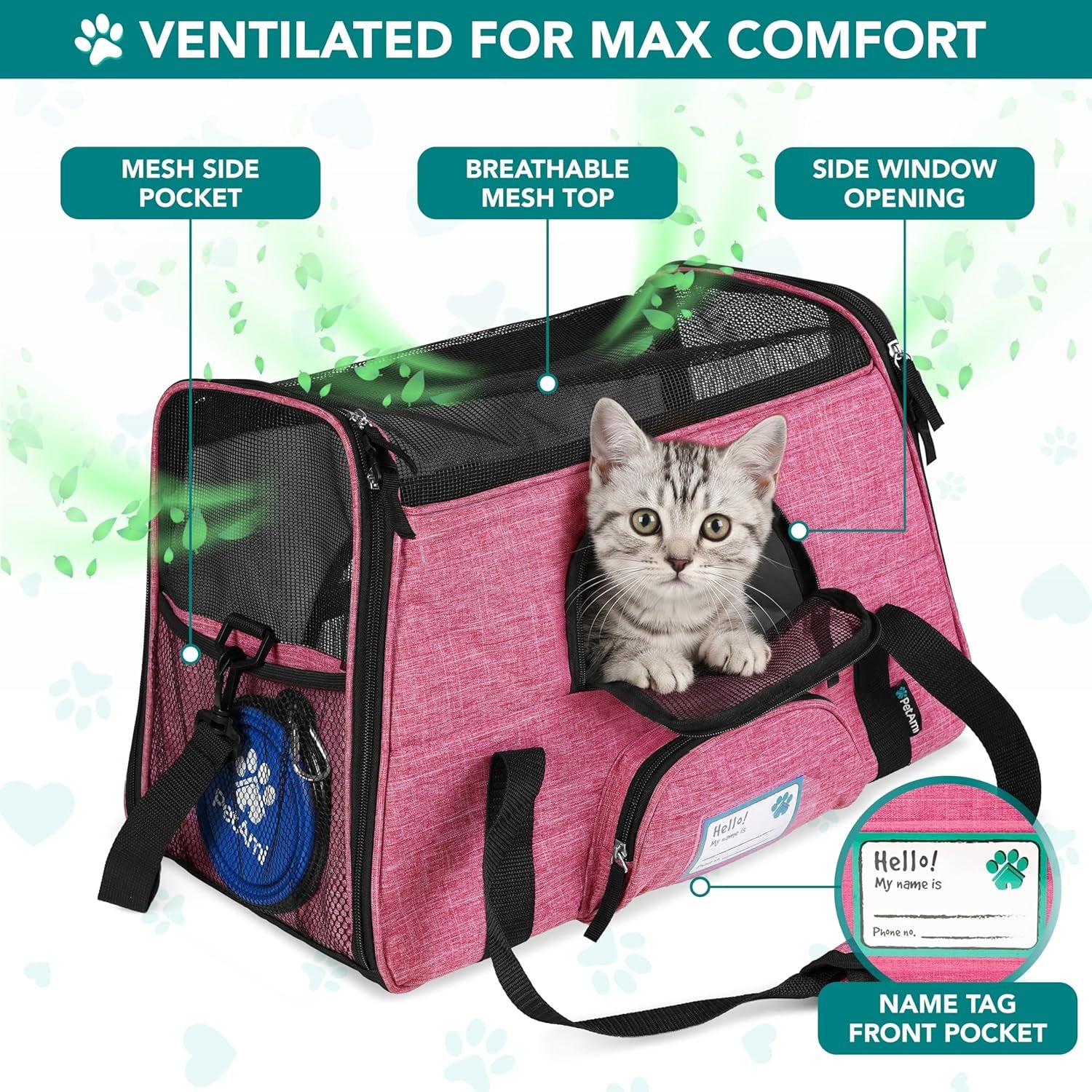 Airline Approved Pet Carrier for Cats & Small Dogs, Soft Sided TSA Travel Carrier Bag Sherpa Bed, Breathable Mesh Ventilation, Collapsible Bowl, Fit under Seat, up to 18 Lbs, Large Heather Pink