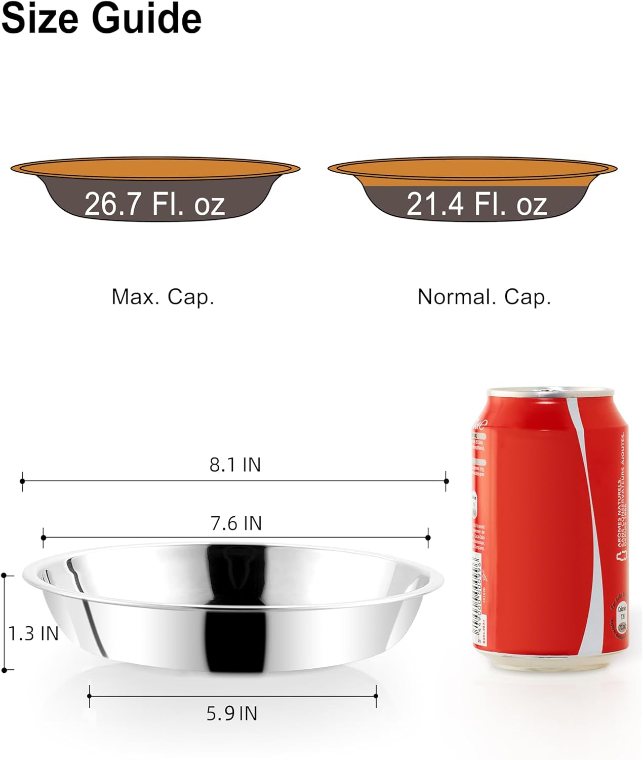 Stainless Steel Shallow Cat Food Bowl 8.1 Inch, Medium Whisker Fatigue Cat Food Dish 26.7 Fl.Oz, Replacement Basic Kitten Bowls Bulk for Elevated Stand, Dishwasher Safe (Set of 2)