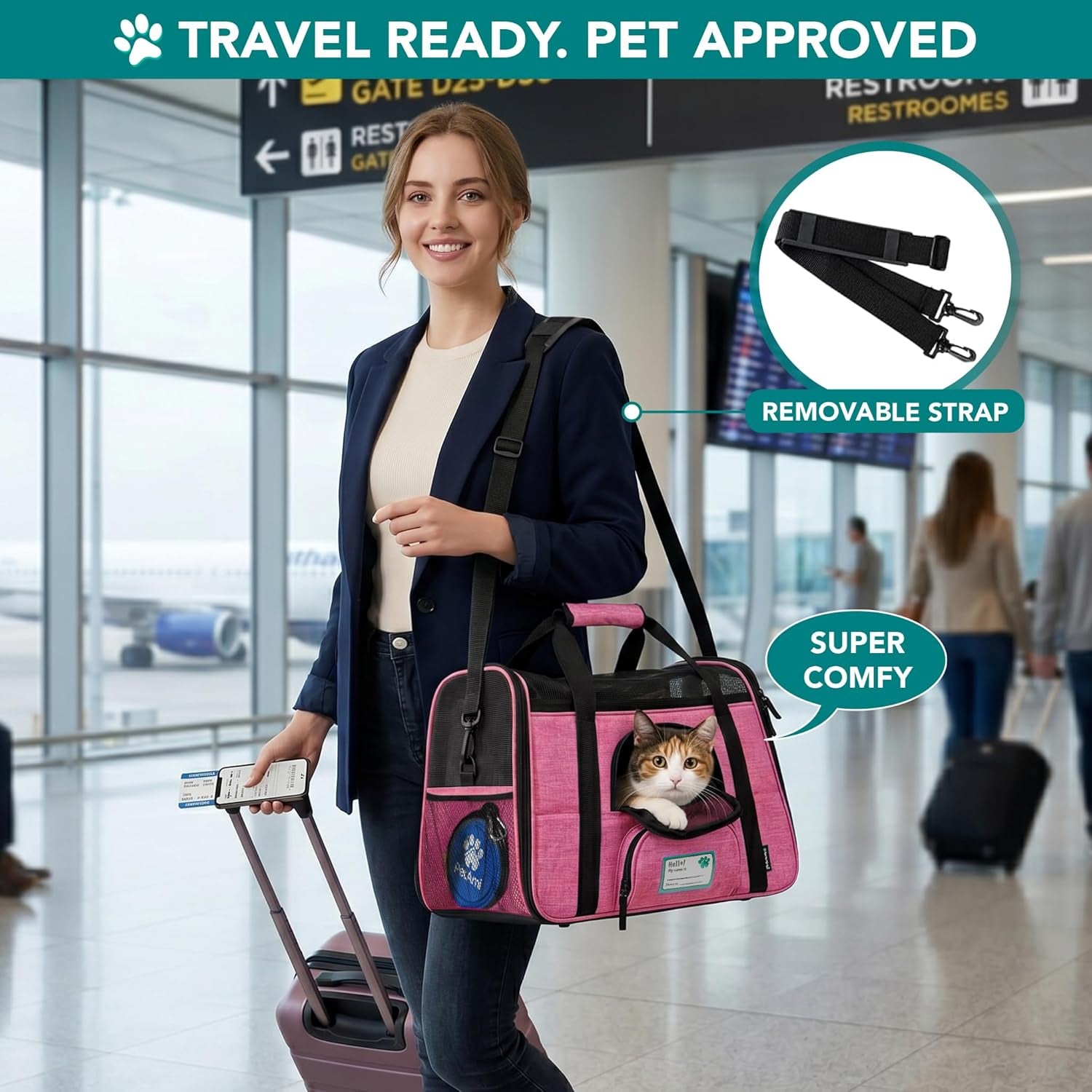 Airline Approved Pet Carrier for Cats & Small Dogs, Soft Sided TSA Travel Carrier Bag Sherpa Bed, Breathable Mesh Ventilation, Collapsible Bowl, Fit under Seat, up to 18 Lbs, Large Heather Pink