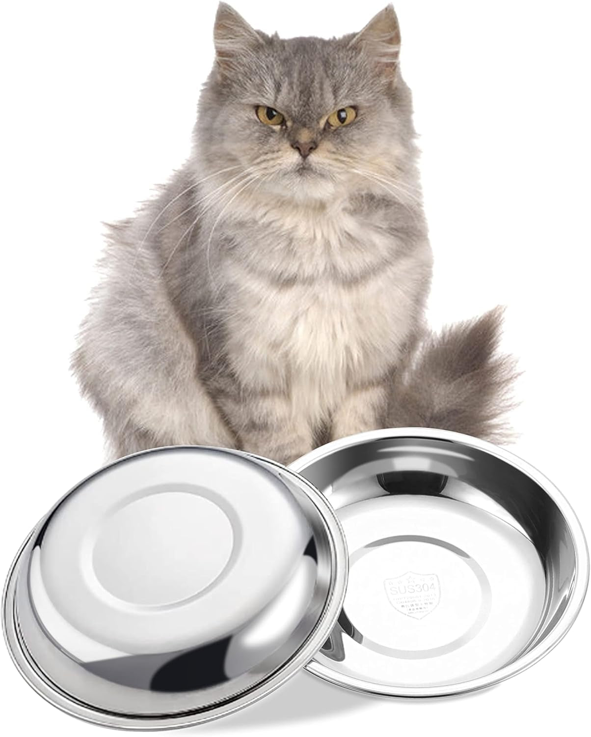 Stainless Steel Shallow Cat Food Bowl 8.1 Inch, Medium Whisker Fatigue Cat Food Dish 26.7 Fl.Oz, Replacement Basic Kitten Bowls Bulk for Elevated Stand, Dishwasher Safe (Set of 2)