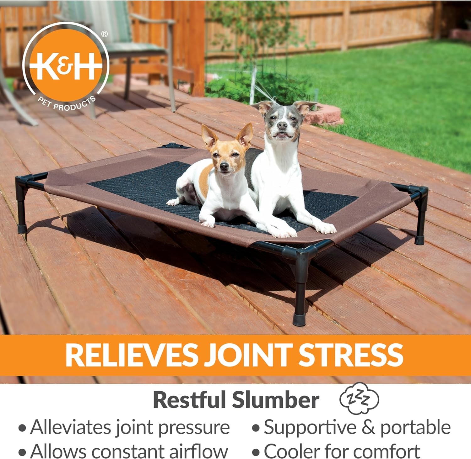 K&H Outdoor Elevated Dog Bed - Cooling Raised Dog Bed for Small & Medium Pets, Breathable Mesh Center Hammock Design, Indoor/Outdoor Washable Cover, Portable Metal Frame, Chocolate, Medium 32X25In